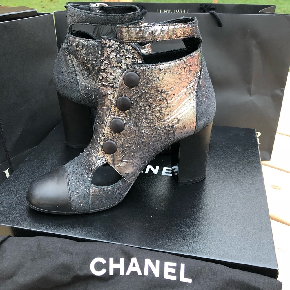 Chanel Dark Silver Crackled Leather Short Boots
